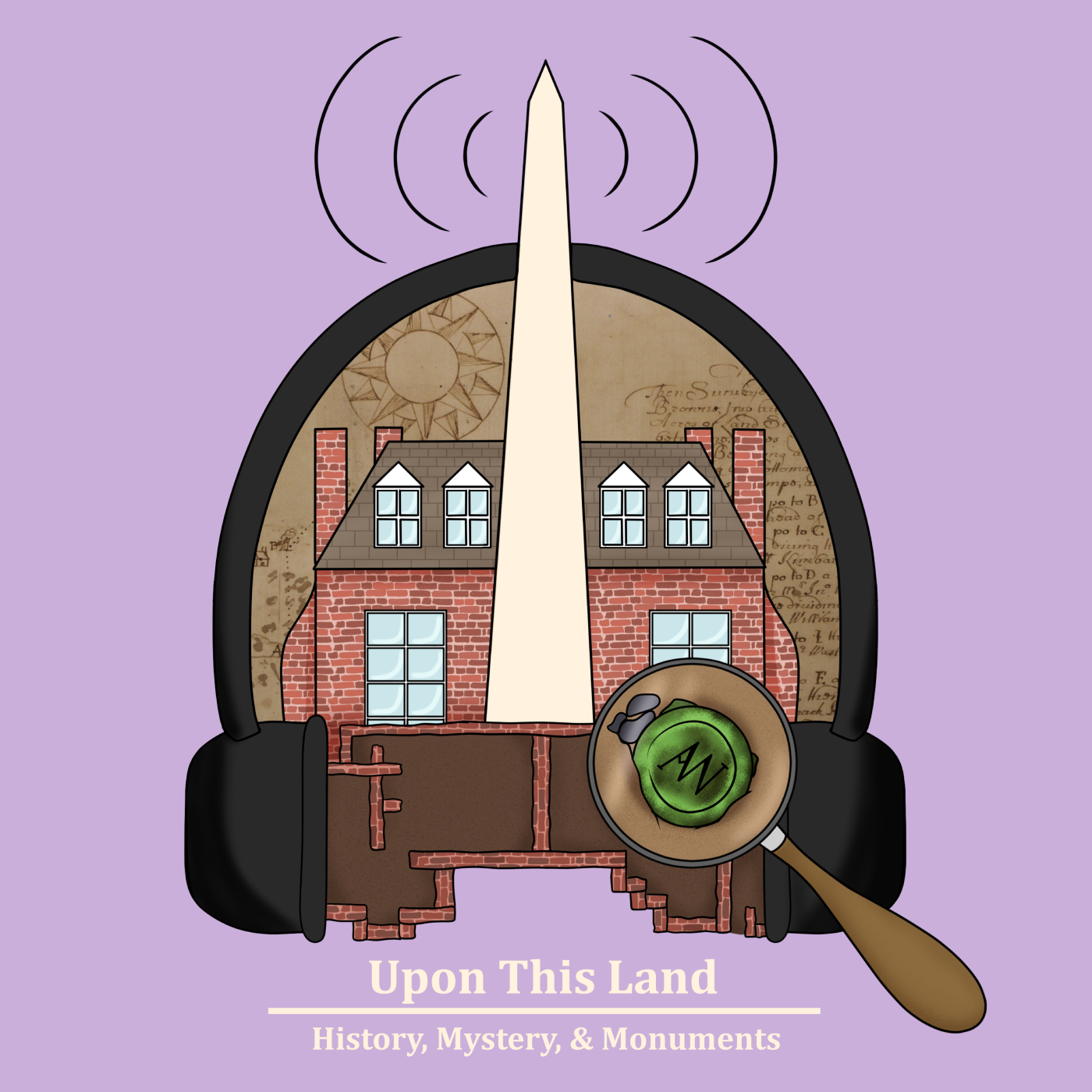 Graphic containing headphones, house, monument, magnify glass, and brick foundation