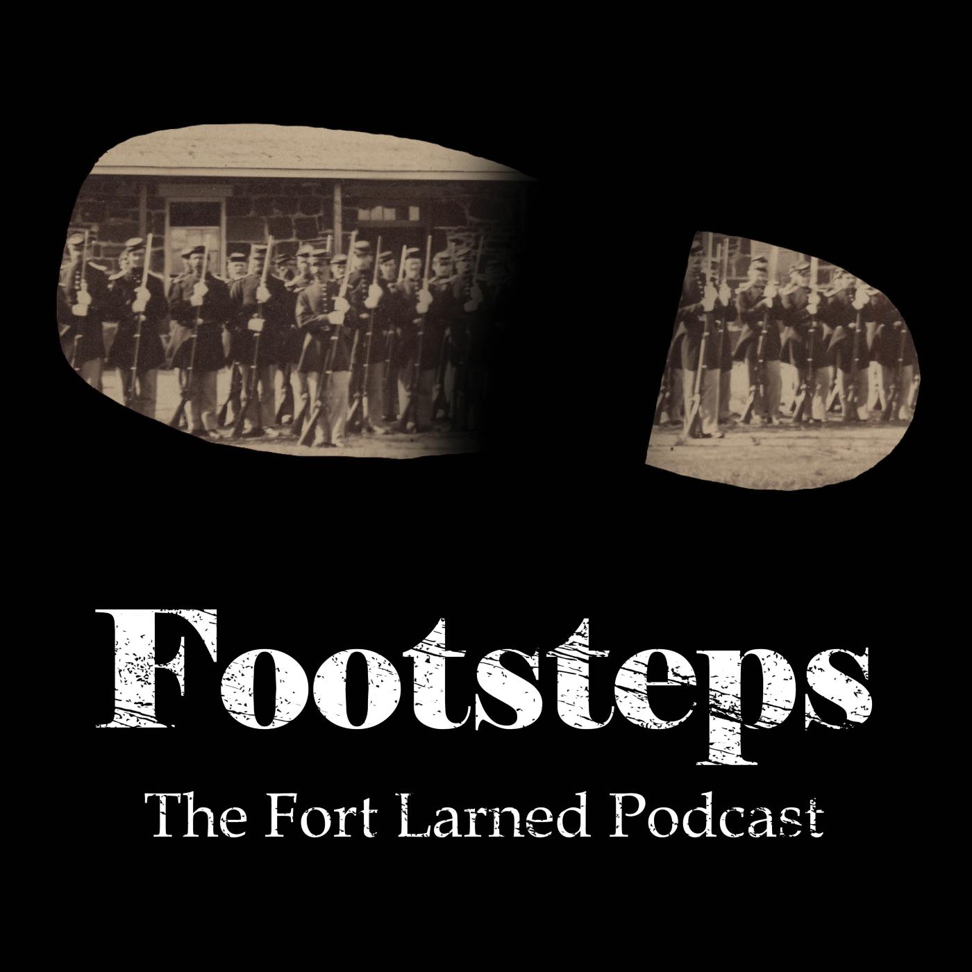 Footsteps logo, a shoeprint and within the shoeprint is a monochrome photograph of soldiers