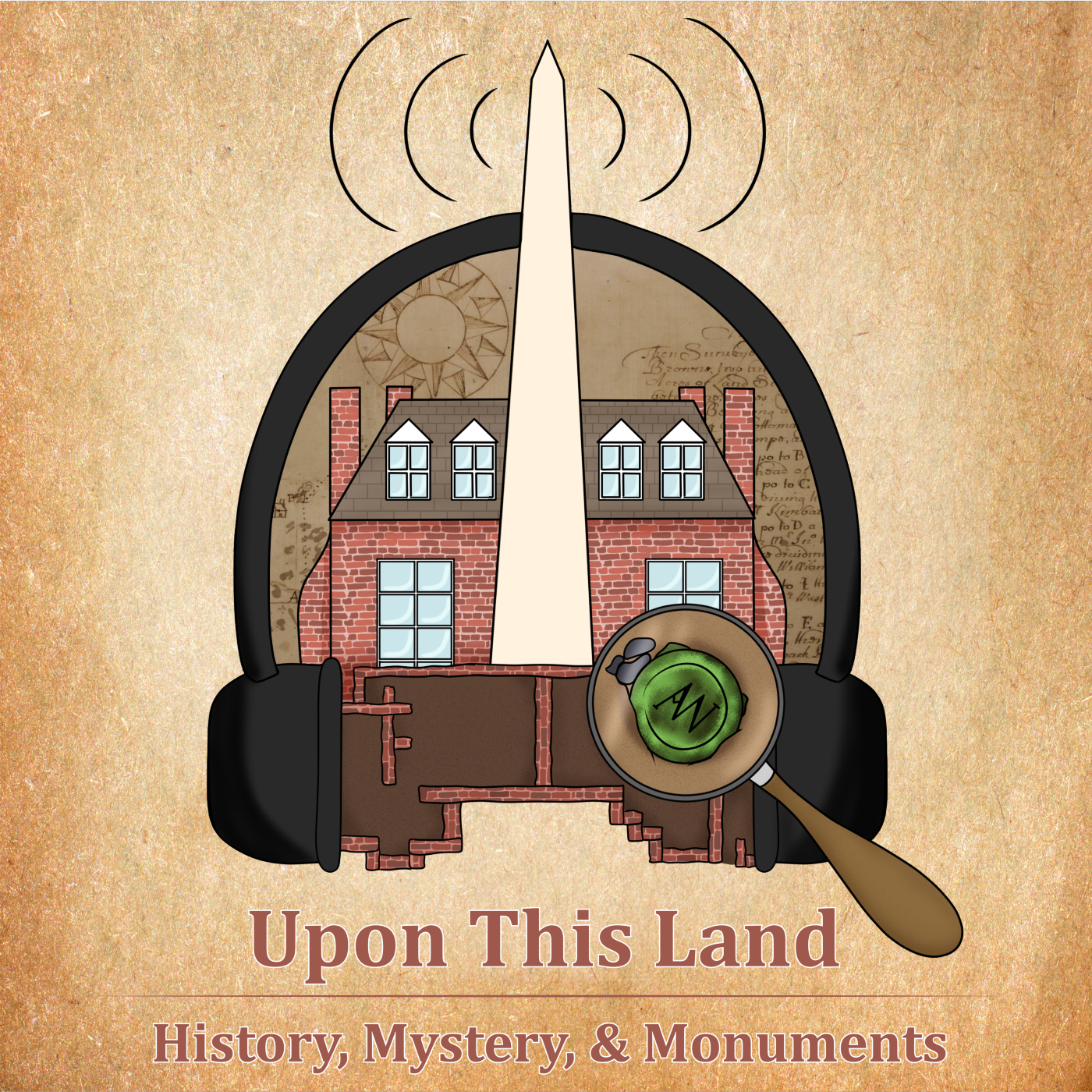 Graphic containing headphones, house, monument, magnify glass, and brick foundation