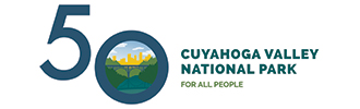 Blue and green logo: the number 50 and ?Cuyahoga Valley National Park?.