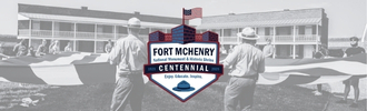 FOMC centennial logo over a black and white image of flag change