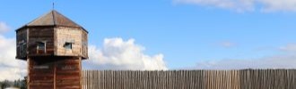 The Fort Vancouver bastion and the wooden stockade wall.