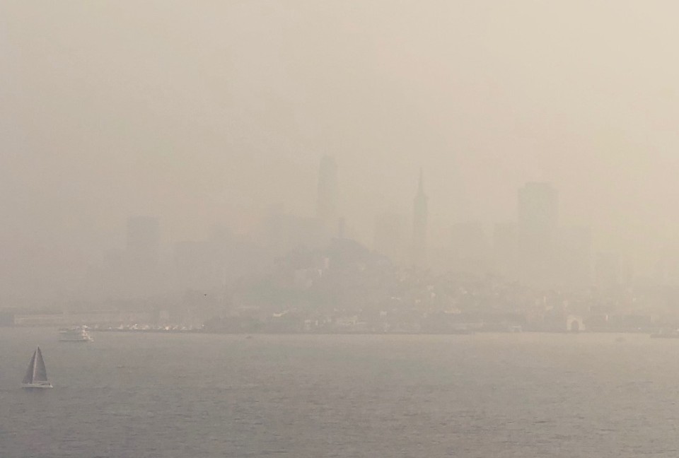 City skyline viewed across water at sunset.