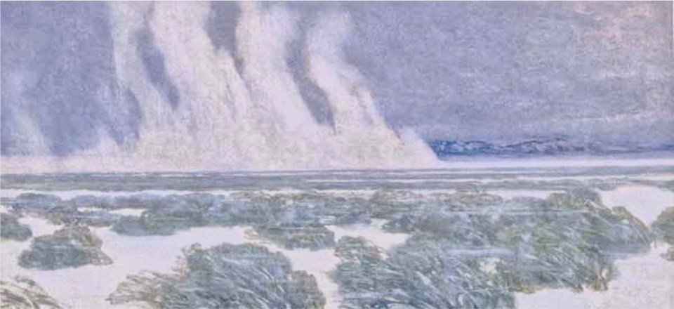 Painting of blowing sand with desert vegetation and mountains.