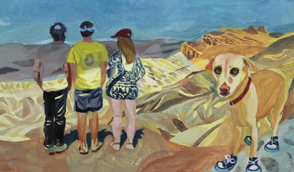 Painting of three people and a dog with sneakers on.