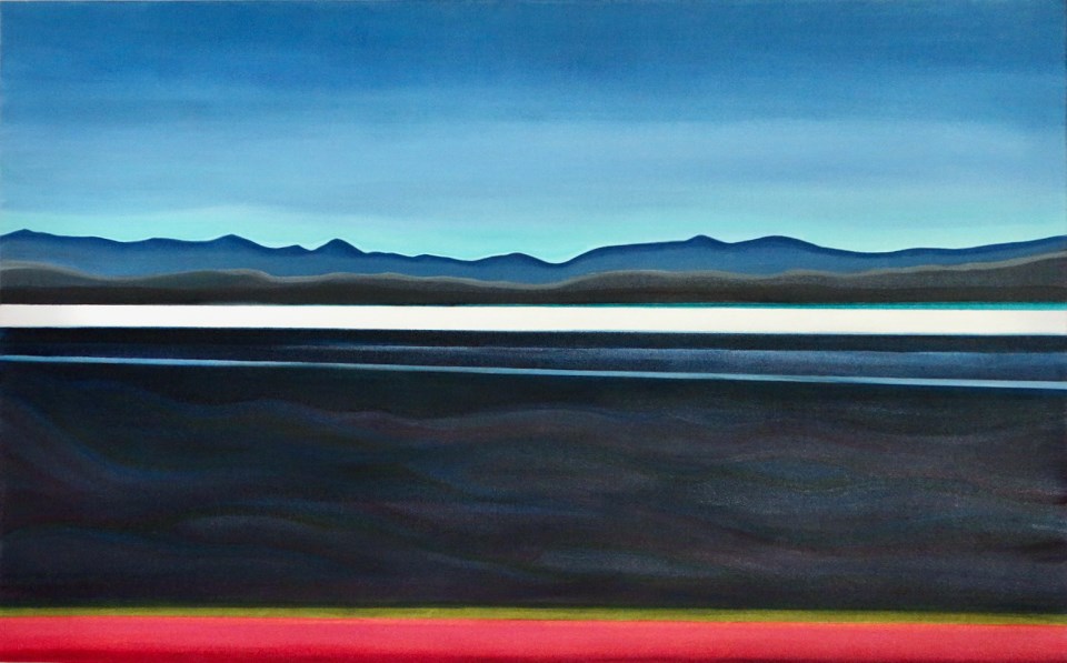 A painting with a red line at the bottom and mountains in the background.