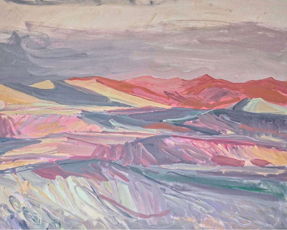 Colorful painting of hills and mountains in the desert.