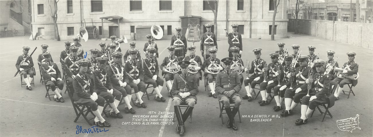 15th infantry band in Tientin China in 1937 with their hats on.