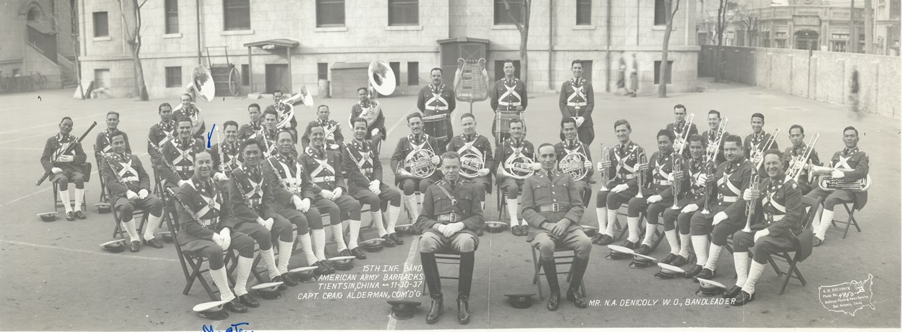 15th infantry band in Tientin China in 1937 with their hats on.