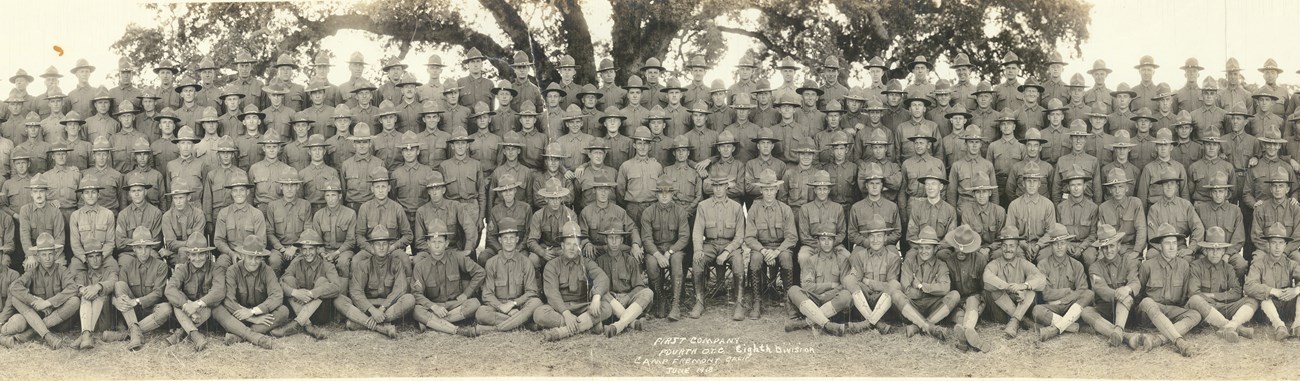 4th Officers Training School 1st company 8th Division at Camp Freemont in 1918 with their hats on.