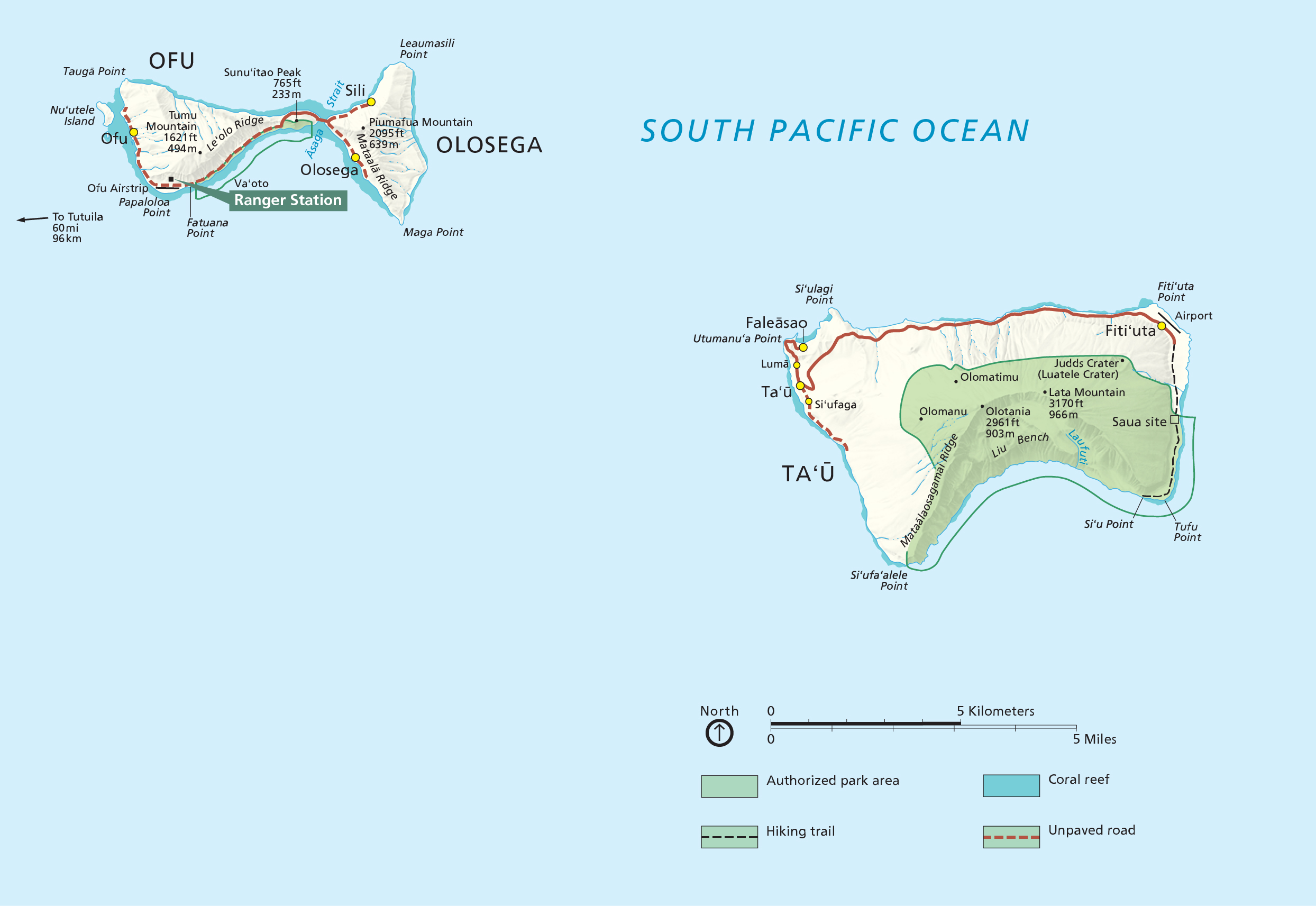 Map Graphic; light blue ocean with two small islands and titled "South Pacific Ocean."