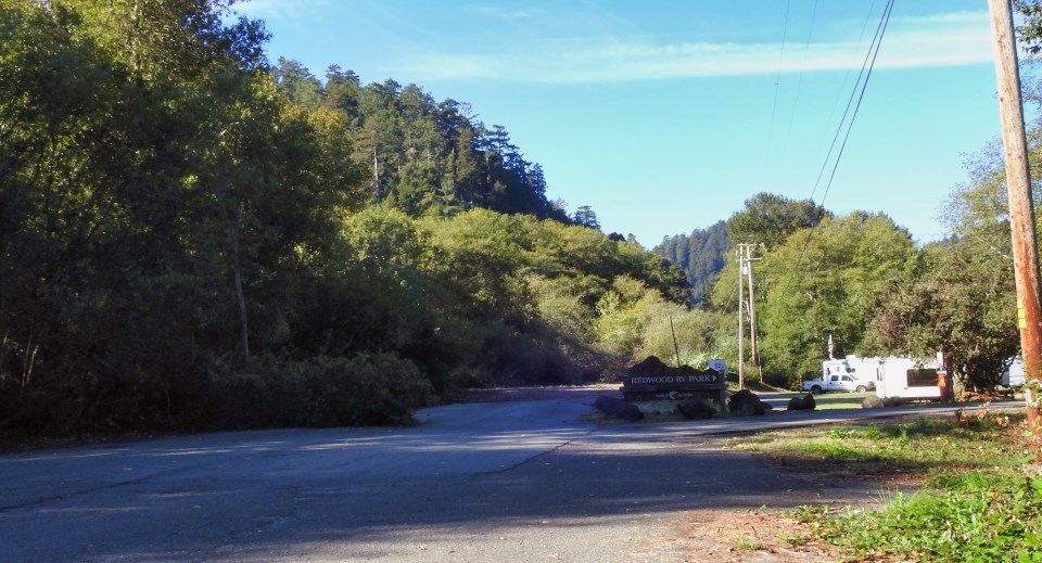 Cars, buildings, and a banner with forested hillside in background