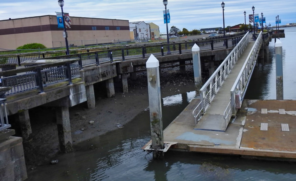 A group of men on a wooden dock with buildings in background