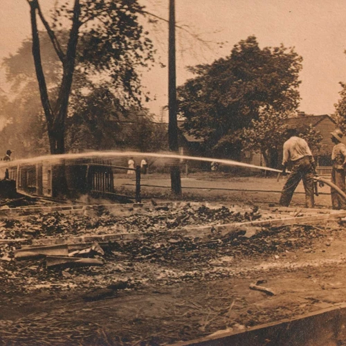 Historic photo of two people using a hose to extinguish a burning building.