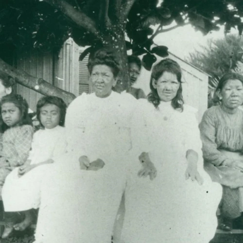 Outdoors; black and white photo of group of people sitting posing for photo under a tree.