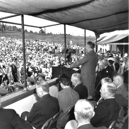 President Franklin D. Roosevelt delivers the dedication speech to a crowd in Big Meadows on July 3, 1936.