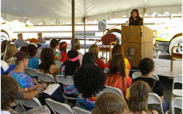 Luci Baines Johnson speaking to high school students