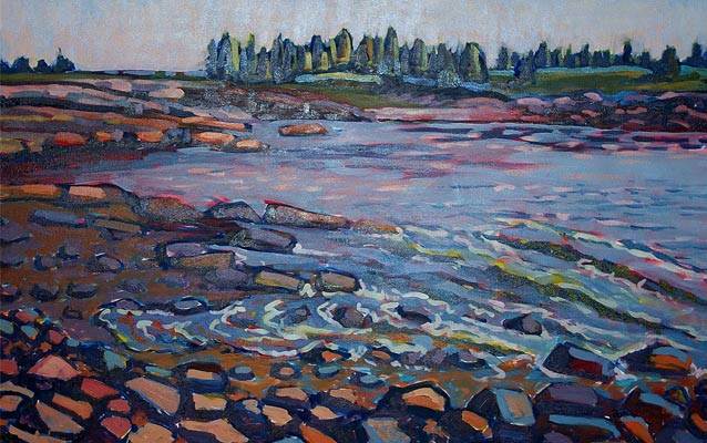 A painting of a rocky shore, with cool colors