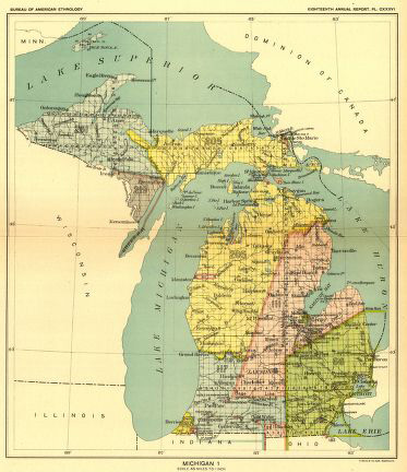 Colorful map showing Indian land cessation in Michigan 