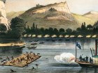 Image of the Battle of Bad Axe, with Whites on steamboat and Indians on a raft