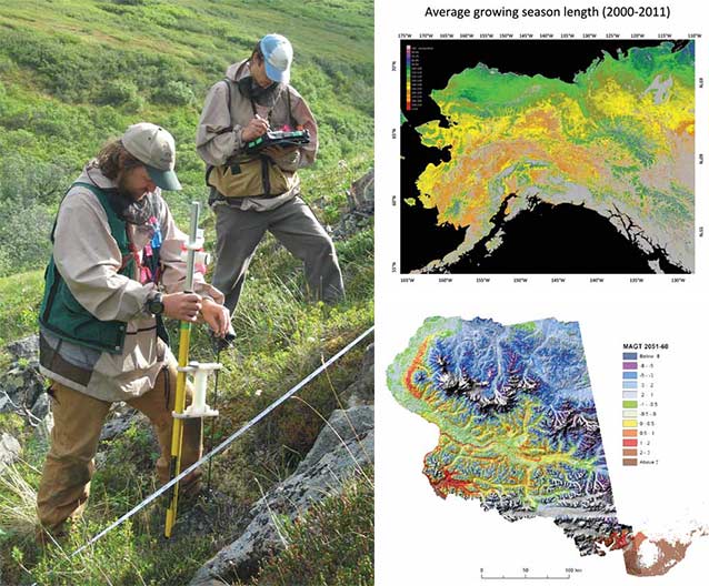 composite image of 2 biologists in a field and two maps of alaska 