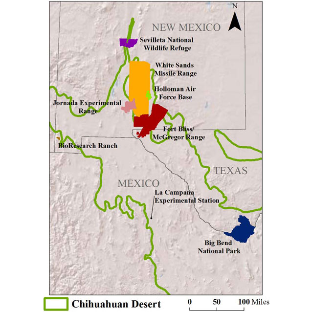Figure 1. Map of the eight long-term vegetation monitoring sites in the Chihuahuan Desert.