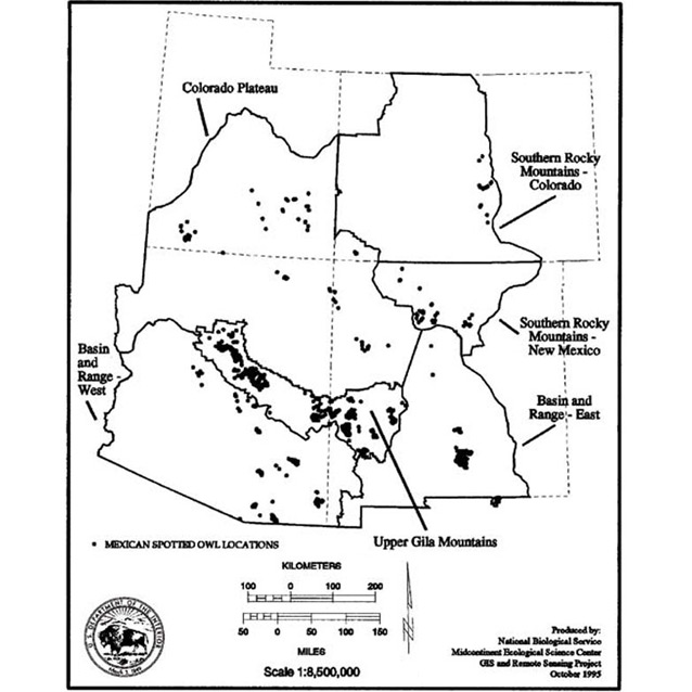 Distribution of the Mexican spotted owl in Arizona, Colorado, New Mexico and Nevada