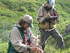 two people standing in a field holding scientific equipment