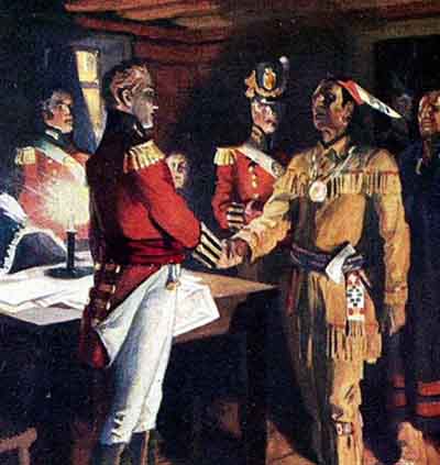 A British officer shakes hands with a Native American leader. A British officer shakes hands with a Native American leader.