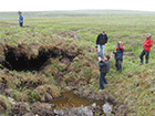 five people standing in a tree-less field looking at a hole in the ground