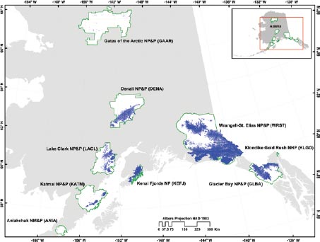 a map of Alaska with blue splotches indicating glaciers