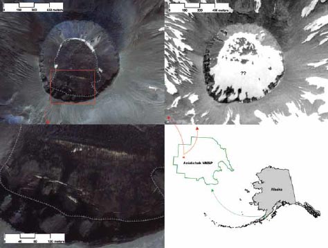 composite image of an alaska map and satellite images of a volcano caldera composite image of an alaska map and satellite images of a volcano caldera