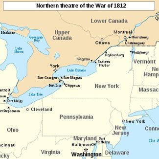 A modern map depicting the Great Lakes, the northern United States, and Upper and Lower Canada.