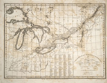 An antique map depicts northern America from Wisconsin to Maine, the Great Lakes, and Canada.