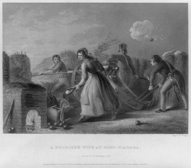 A woman uses tongs to lift a red hot cannon ball as a crew of men loads a cannon behind her.