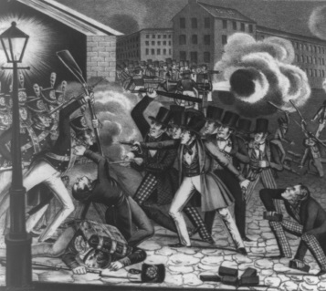 A mob of civilians armed with clubs and pistols clash with uniformed soldiers armed with muskets A mob of civilians armed with clubs and pistols clash with uniformed soldiers armed with muskets
