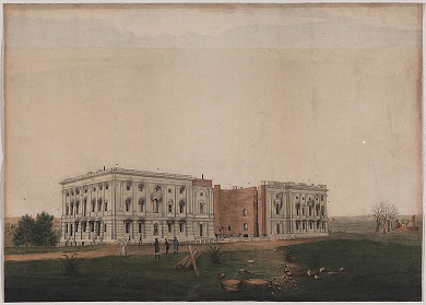 The gutted ruin of the US Capitol building, destroyed by fire. The gutted ruin of the US Capitol building, destroyed by fire.