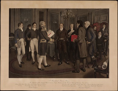 A British diplomat, holding a signed treaty, shakes hands with his American counterpart. A British diplomat, holding a signed treaty, shakes hands with his American counterpart.