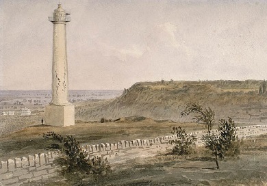 A watercolor painting depicts a tall, white column in a grassy field behind a stone wall. 