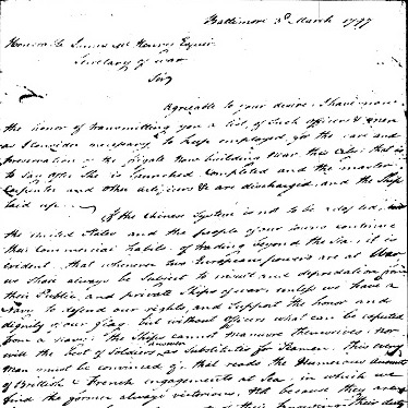 A handwritten letter from Captain Thomas Truxtun to Secretary of War James McHenry. A handwritten letter from Captain Thomas Truxtun to Secretary of War James McHenry.
