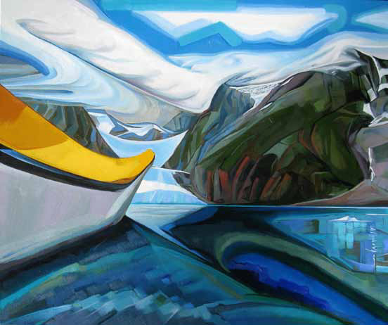oil painting of kayak in water