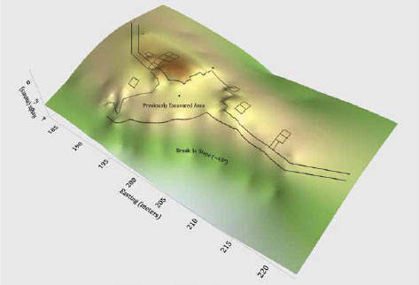 areas of excavation indicated on a computer-generated topographic image areas of excavation indicated on a computer-generated topographic image