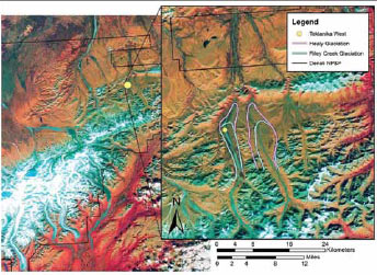 strangely colored topographic imagery indicating that much larger glaciers once existed