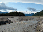 shallow river flowing across a gravel plain