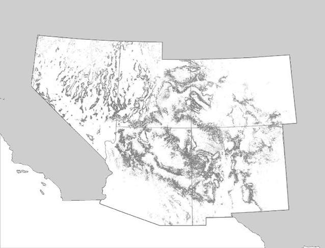 Distribution of pinyon and/or juniper dominated woodland/savanna.