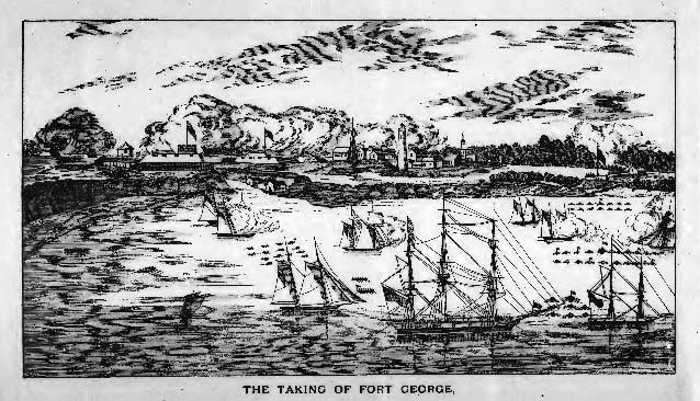 A woodcut drawing depicts sailing ships bombarding a riverside town. A woodcut drawing depicts sailing ships bombarding a riverside town.