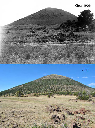 The north, northeast slope of Capulin Volcano in 1909 (top) and 2011 (bottom)