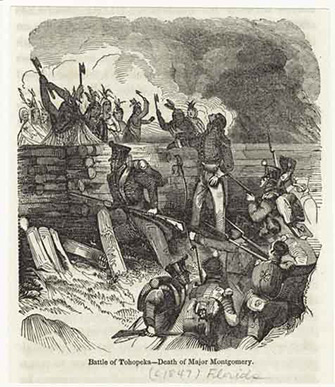Drawing depicting the death of Major Montgomery at the Battle of Tohopeka
