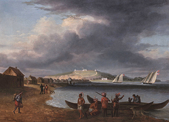 Painting of 1800s Indian village, canoes with British fleet in the background