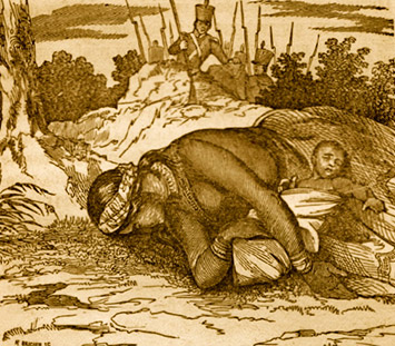 Engraving of a dead Creek woman next to a baby 